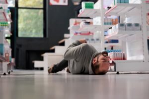 man on the floor in a pharmacy depicting a scene that could be used in a premises liability case