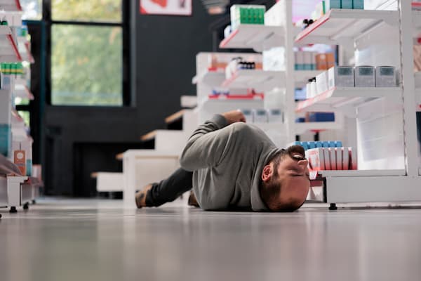 man on the floor in a pharmacy depicting a scene that could be used in a premises liability case
