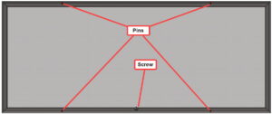 engineering graphic of a machine guard showing where the pins and screw attach the guard to the packaging machine