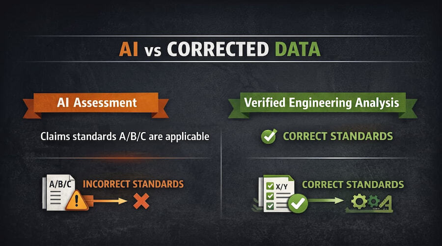Diagram comparing AI assessment of incorrect standards vs verified engineering analysis that used the correct standards.